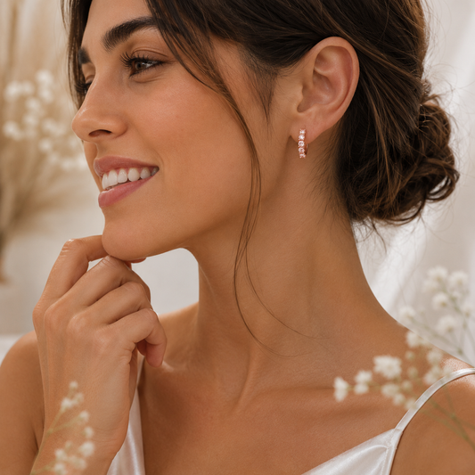 MELI Moissanit Ohrringe in Rosé aus 925 Sterling Silber mit mehreren Moissaniten am Ohr getragen