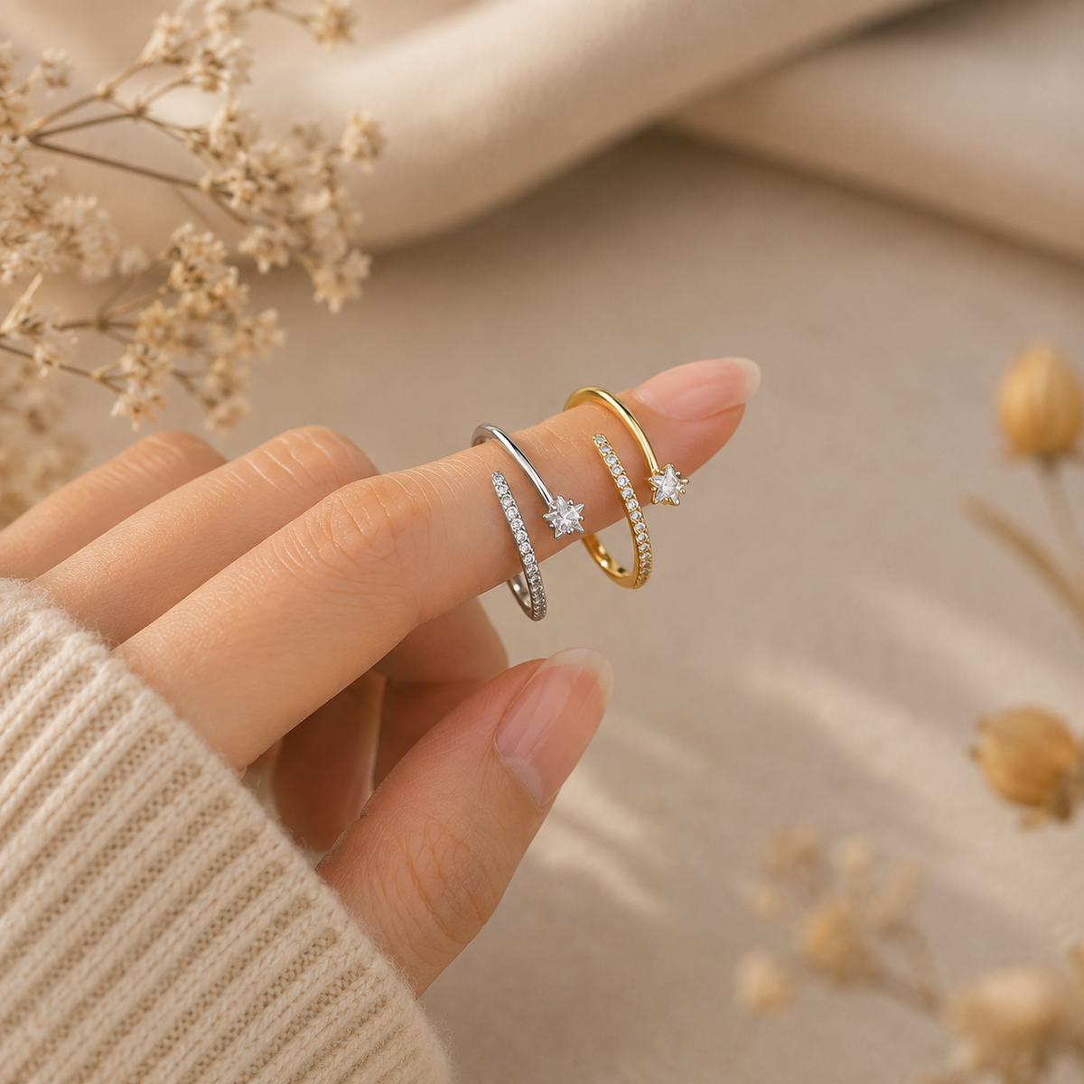 Gipfelschnuppe Stern Ring aus 925 Sterling Silber in Silber und Gold mit Zirkonia