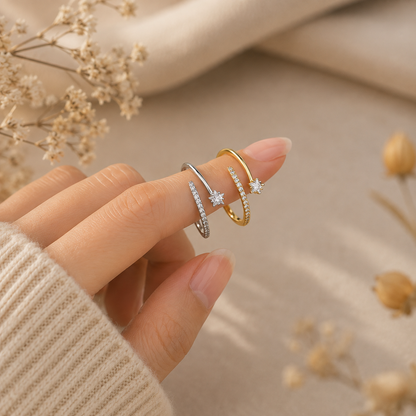 Gipfelschnuppe Stern Ring aus 925 Sterling Silber in Silber und Gold mit Zirkonia