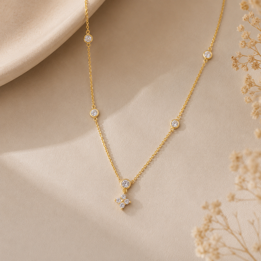 Goldene Gipfelstern Halskette mit Zirkonia und filigranem Sternanhänger als Detailaufnahme