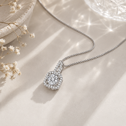Lucent Halskette aus 925 Sterling Silber mit 1 ct Moissanit und funkelndem Halo-Besatz
