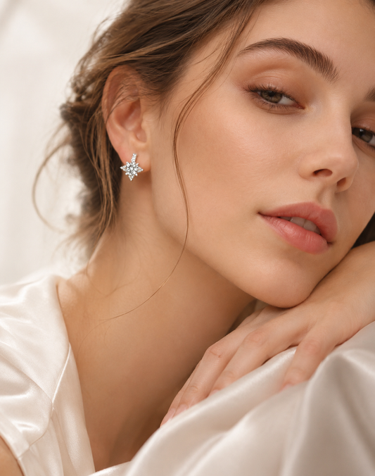 LYRA Moissanit Ohrringe aus 925 Sterling Silber mit rundem Moissanit am Ohr getragen